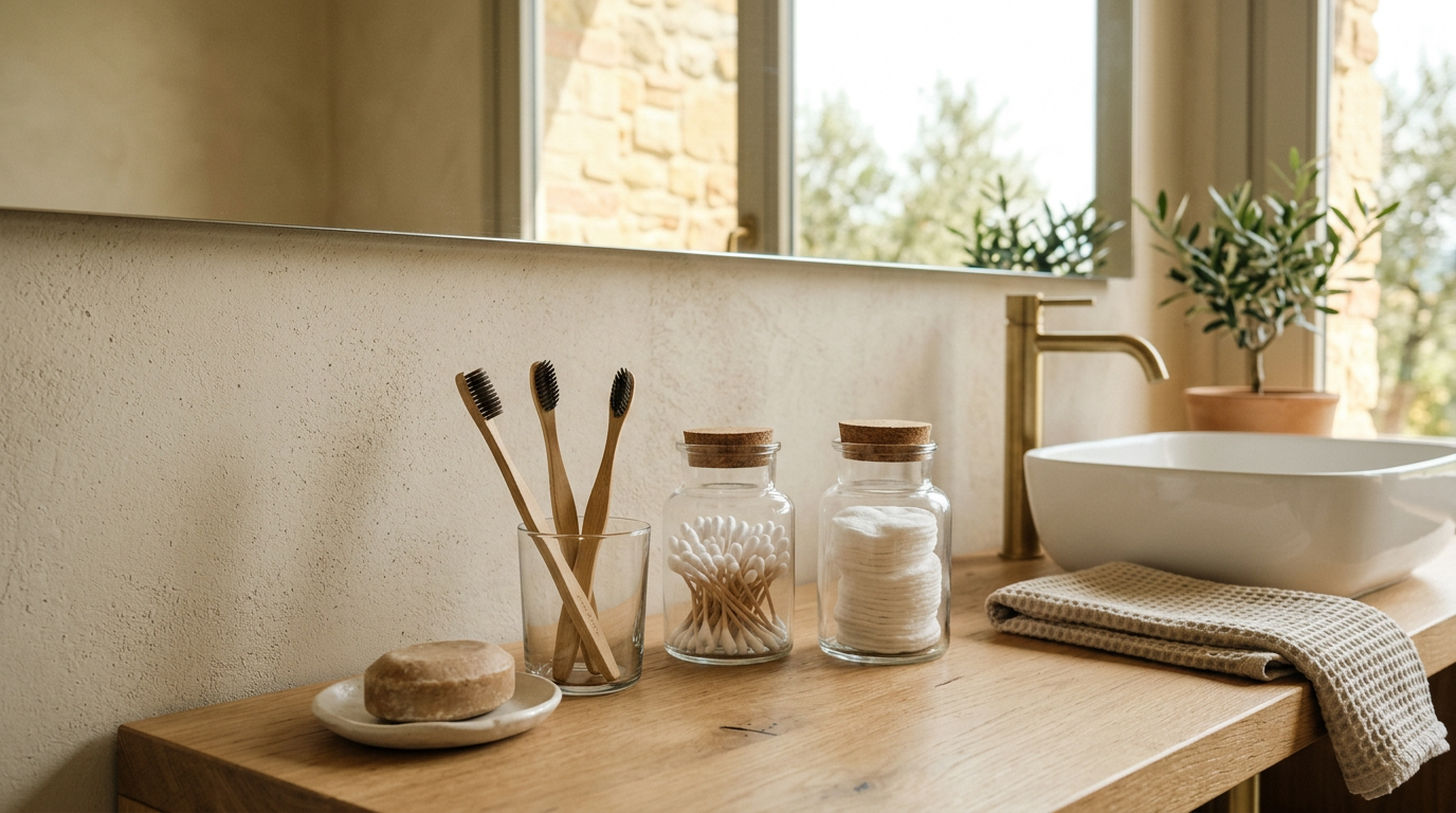 Bagno minimalista con spazzolini in bambù e sapone solido ecologico