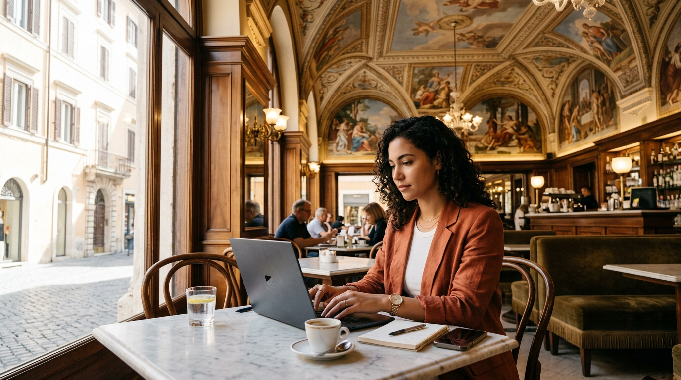 Professionista nomade digitale al lavoro in un lussuoso caffè storico italiano