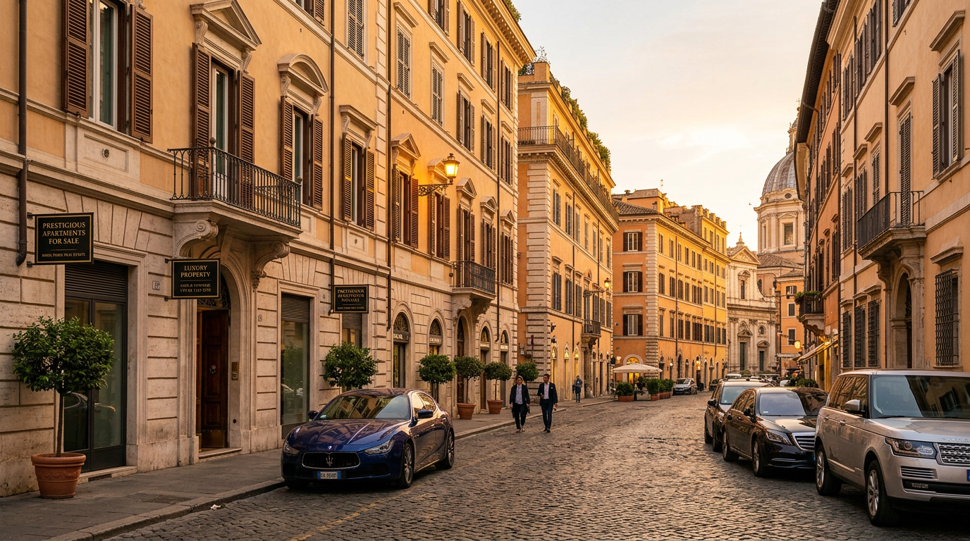 Palazzi storici di pregio nel centro di Roma durante il tramonto