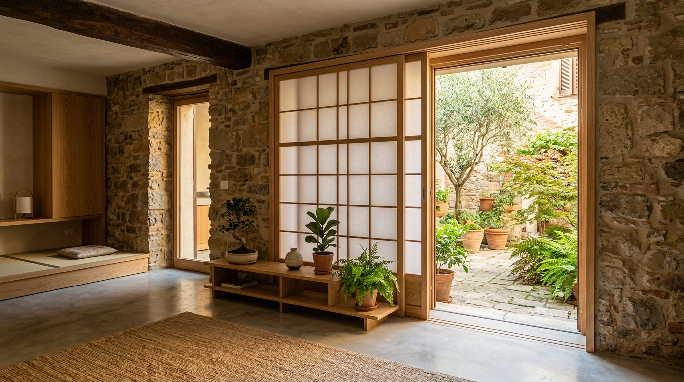 Dettaglio architettonico di casa storica italiana ristrutturata con design zen giapponese