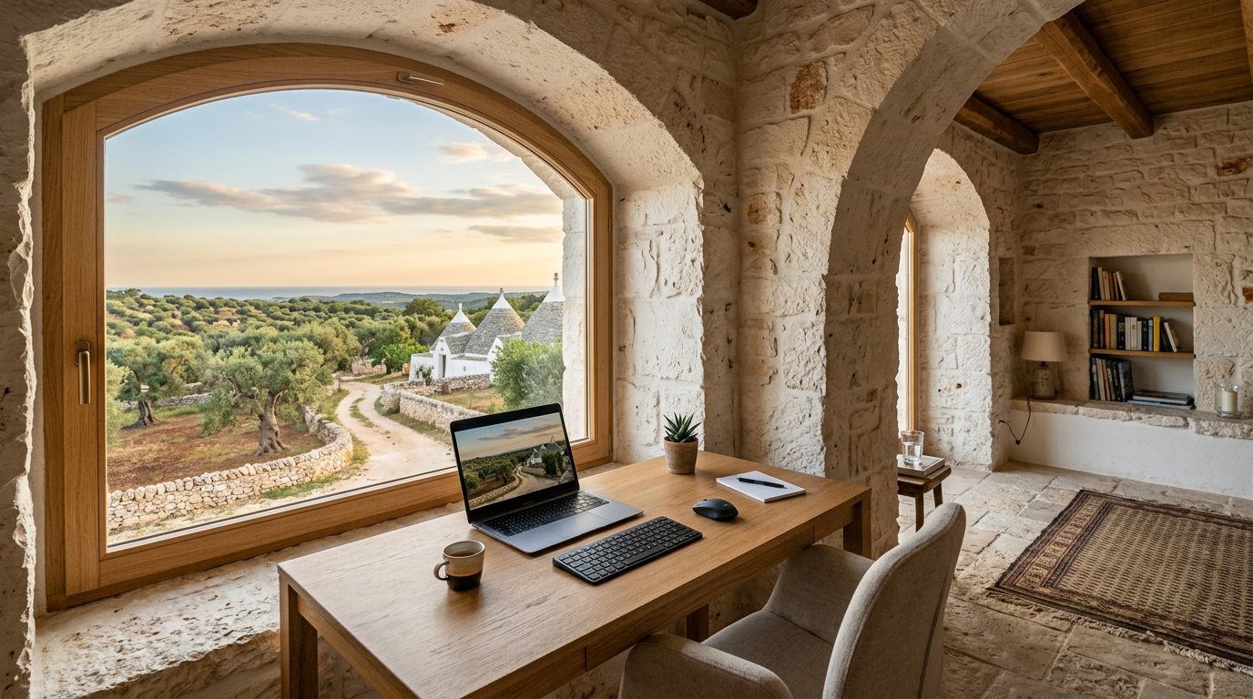 Interno di una casa tipica pugliese adibita a ufficio per smart working con vista uliveti