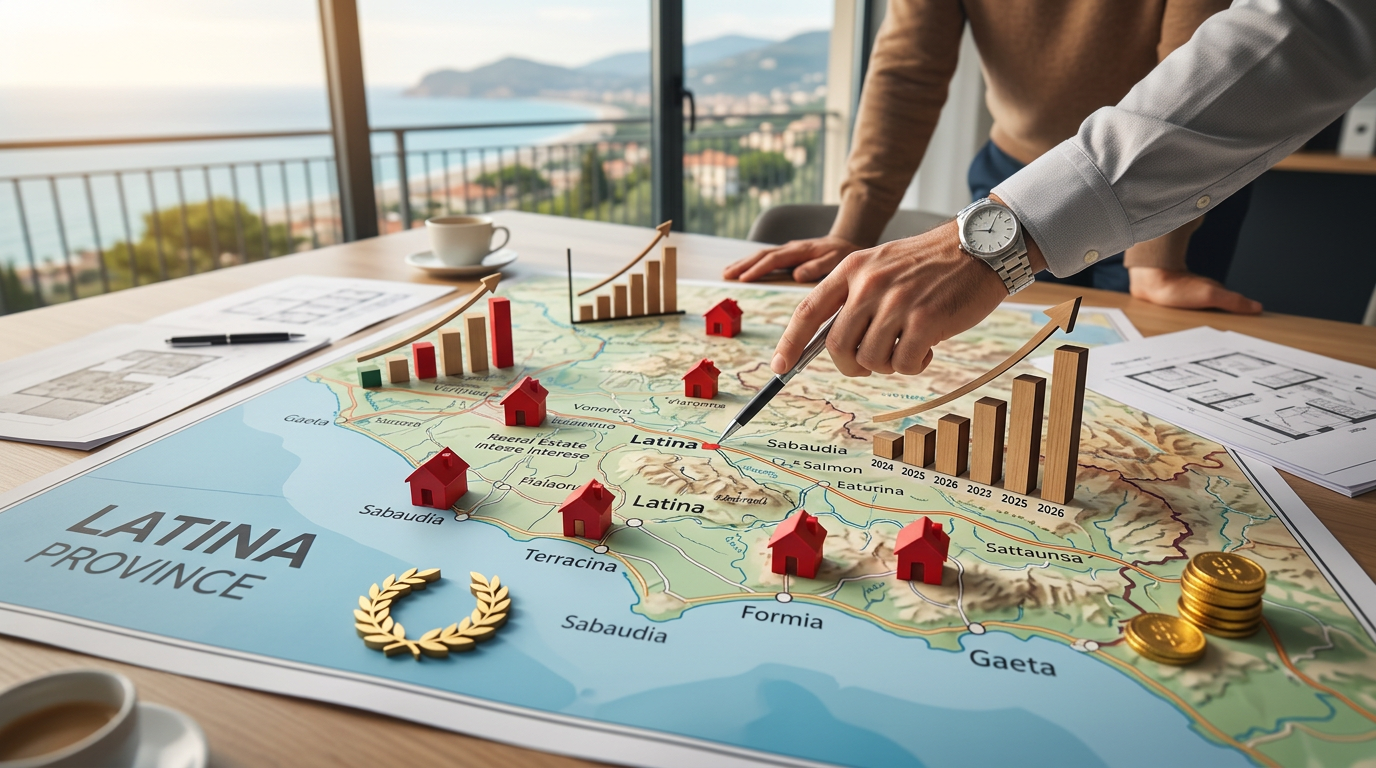 Analisi di mercato immobiliare a Latina 2026 con grafici e icone di case