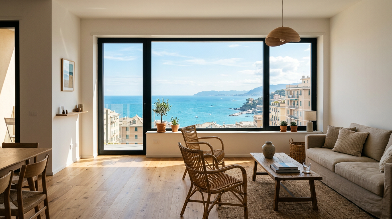 Interno di un appartamento moderno a Genova con vista mare e design sostenibile